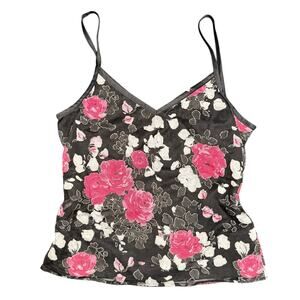 Vintage Y2K Floral Mesh Cami Top Devoré Rose Print Satin Trim Black Pink M